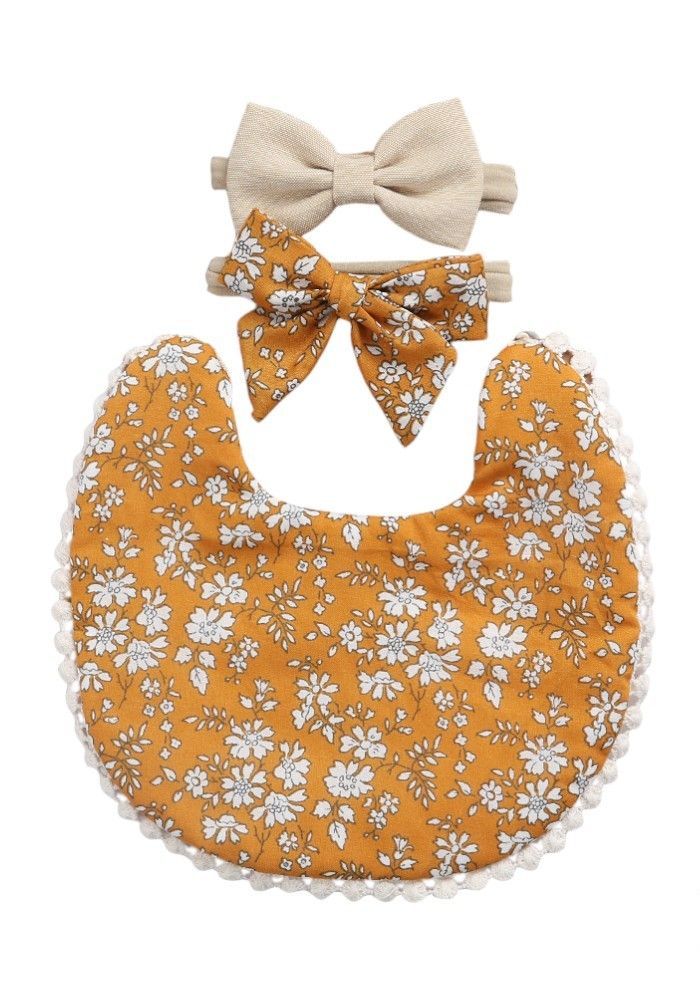 Bambimici - 3pc-Set - Angelica Floral Headband & Baby Bib - Mustard Yellow
