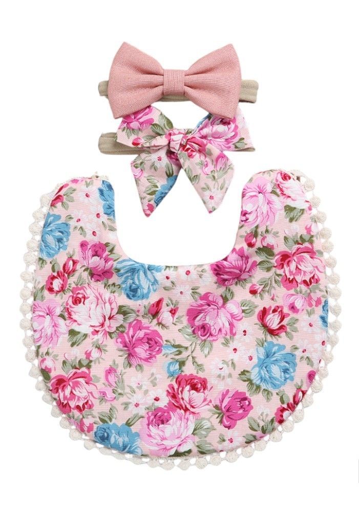 Bambimici - 3pc-Set - Angelica Floral Headband & Baby Bib - Pink