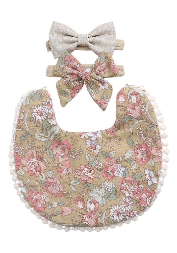 Bambimici - 3pc-Set - Angelica Floral Headband & Baby Bib - Brown