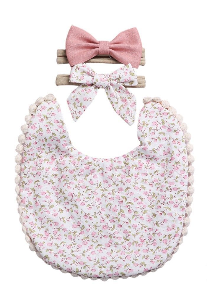 Bambimici - 3pc-Set - Angelica Floral Headband & Baby Bib - Pink/White
