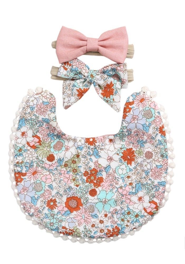 Bambimici - 3pc-Set - Angelica Floral Headband & Baby Bib - Blue/Red