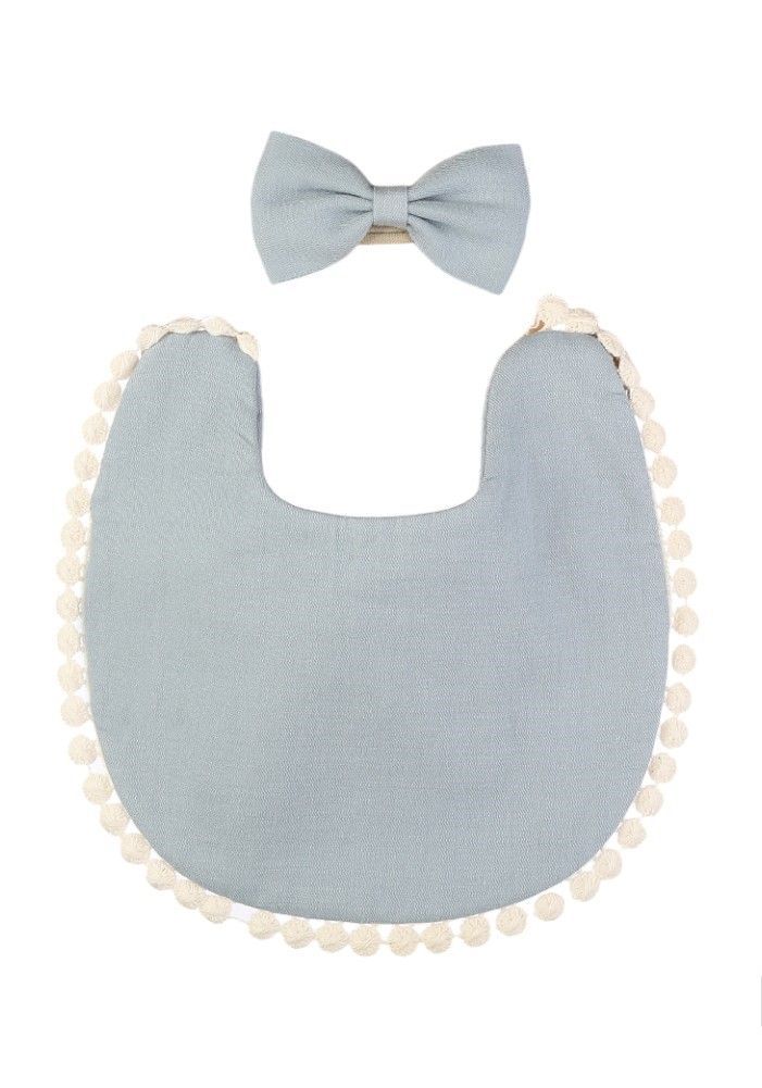 Bambimici - Stealla Small Ribbon Headband And Baby Bib - Blue Grey