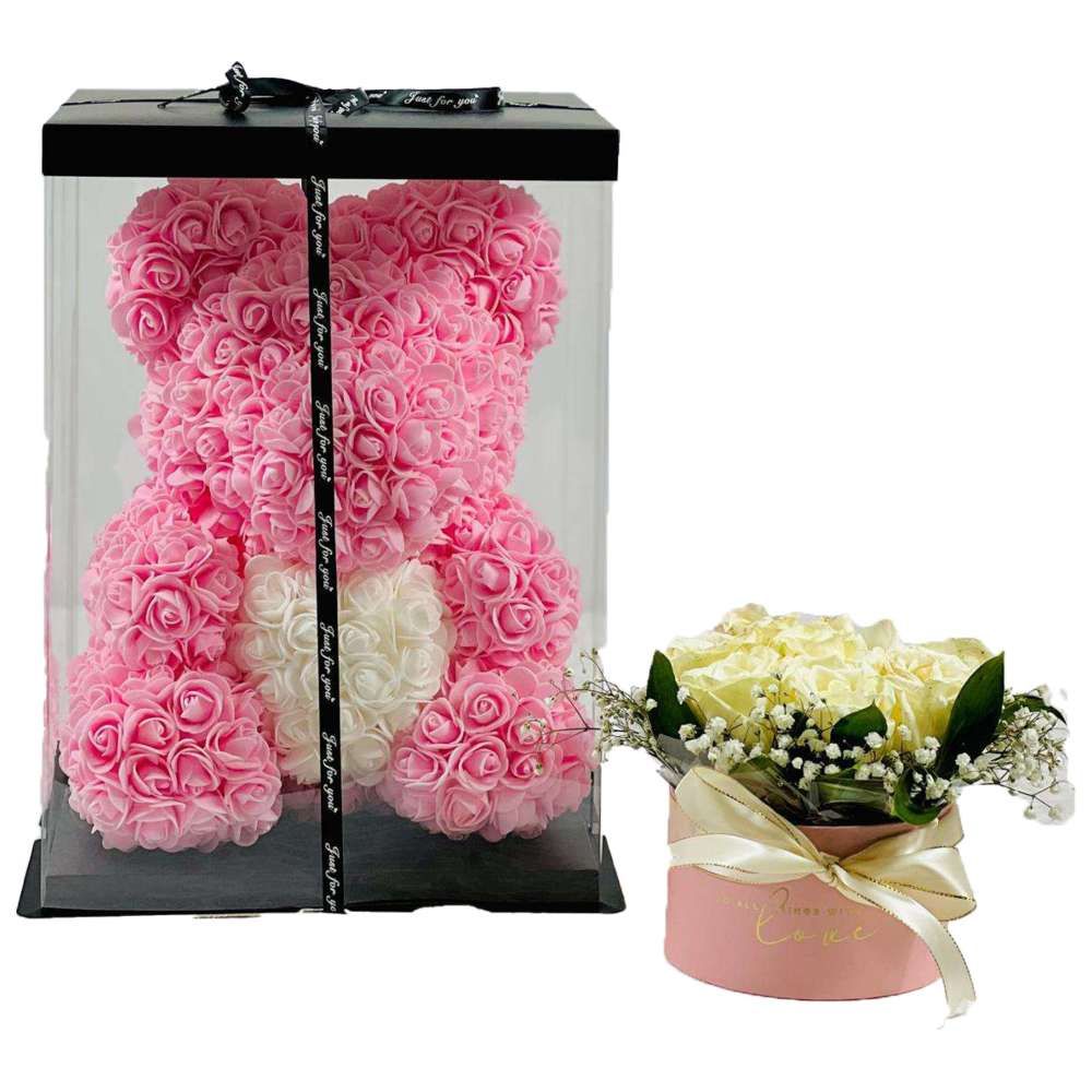 باقة زهور الخدود والدب من RR Luxury Flowers - قطعتان