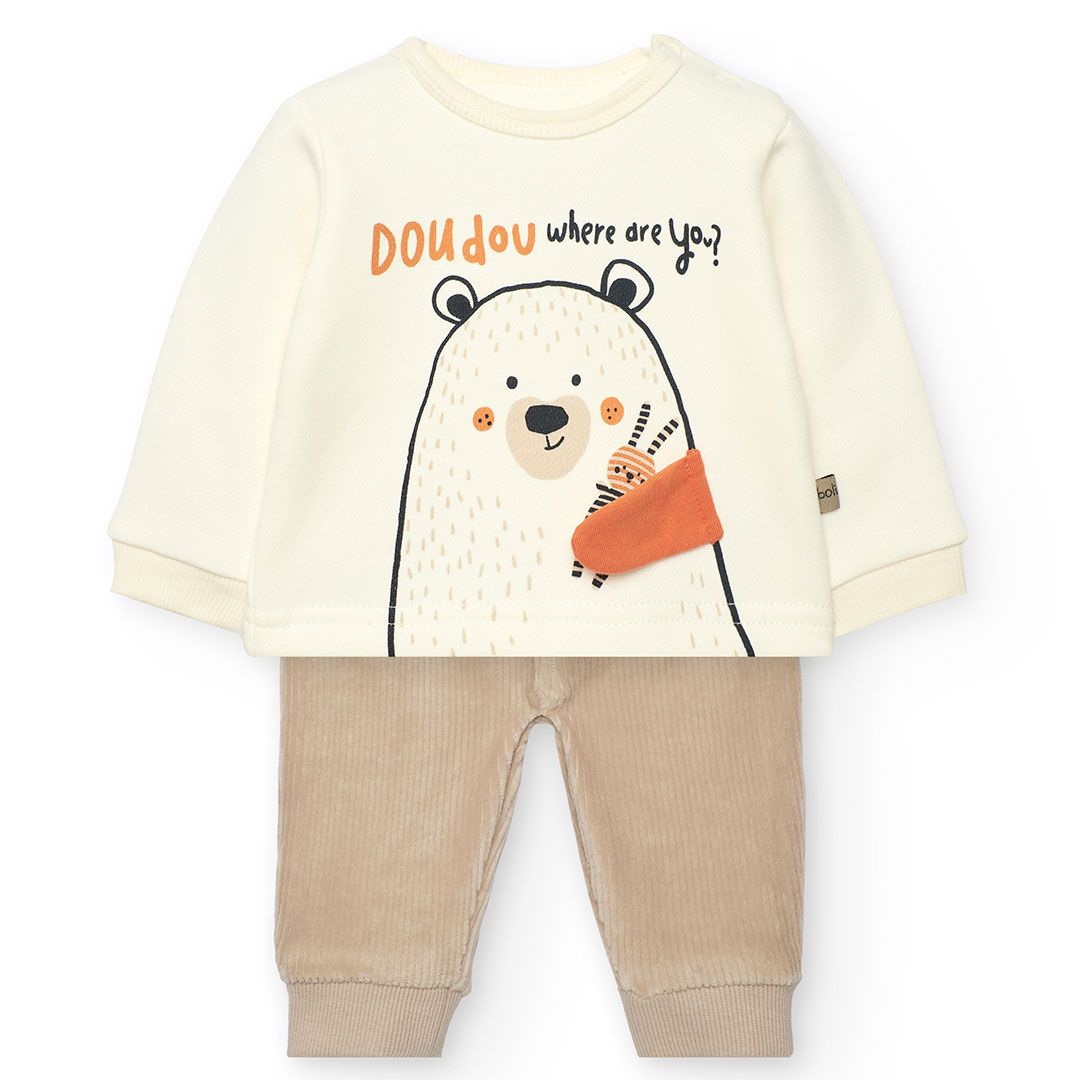 Boboli - 2pc-Set - Baby Girl's Bear Printed Full Sleeve T-Shirt & Trousers - White