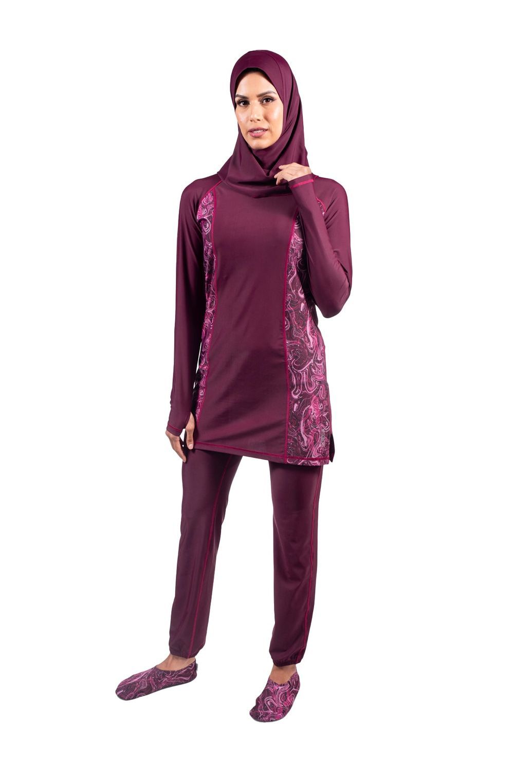 COEGA Sunwear - Modest Swim Set Diag With Tights - 3 Pcs - Maroon Marble