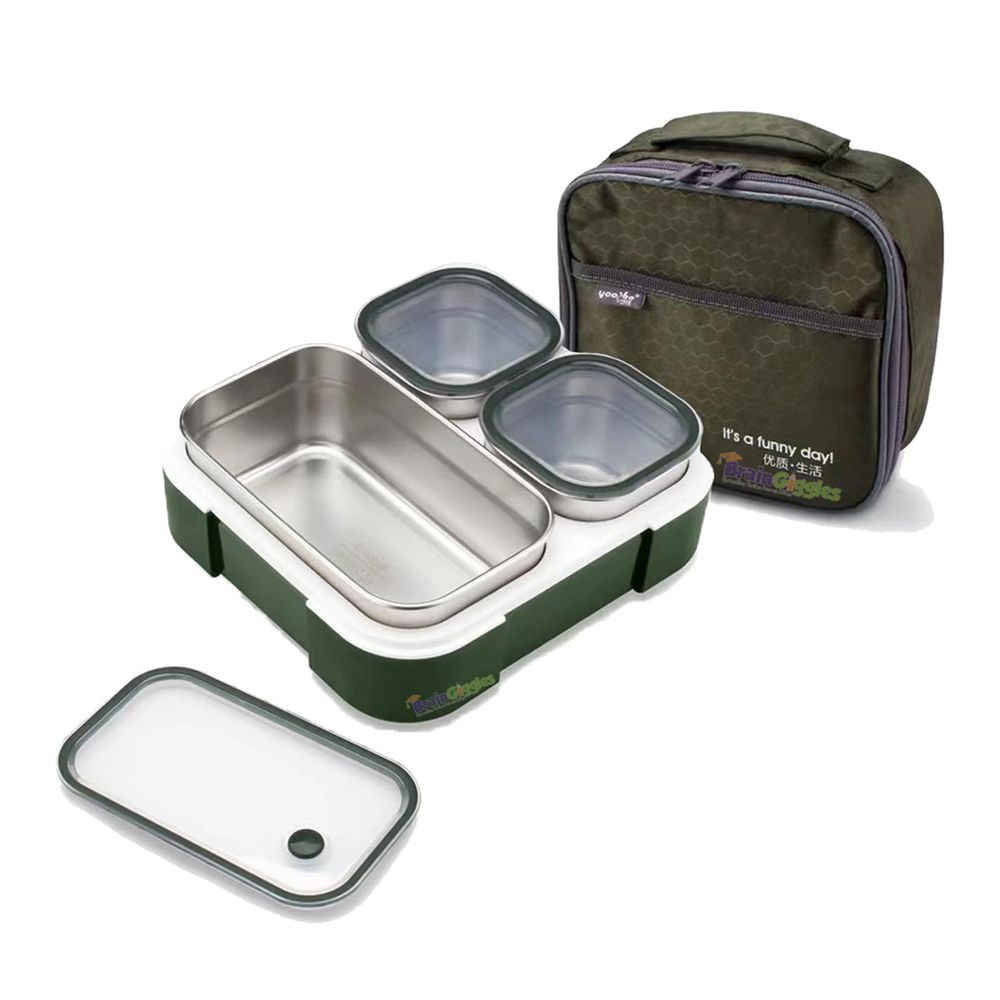 Brain Giggles - Insulated Stainless Steel Bento Lunchbox With 3 Compartments - Green