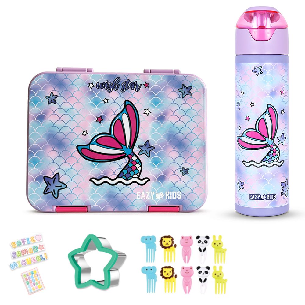 Eazy Kids - Lunch Box And Water Bottle With Accessory Set - Mermaid
