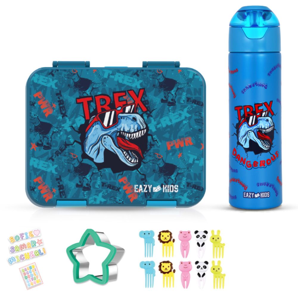 Eazy Kids - Bento Lunch Box And Water Bottle With Accessory Set - T-Rex