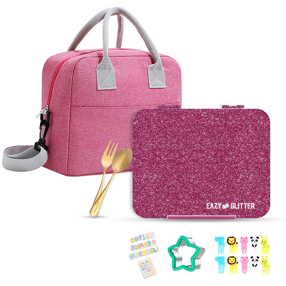 Eazy Kids - Bento Lunch Box With Lunch Bag And Accessory Set - Glitter Pink