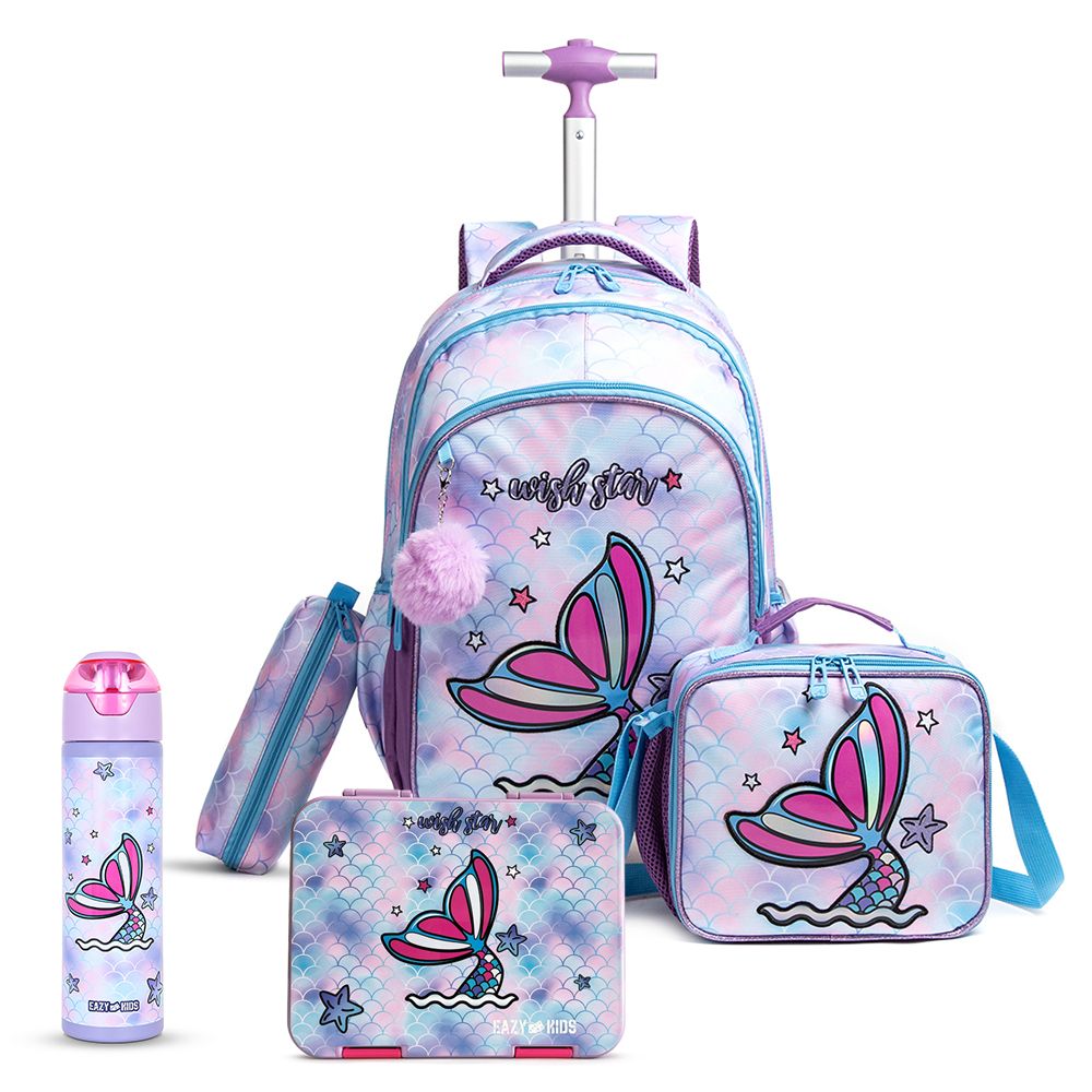 Eazy Kids - School Trolley Bag With Lunch Kit And Pencil Case Set - Mermaid - 5pcs