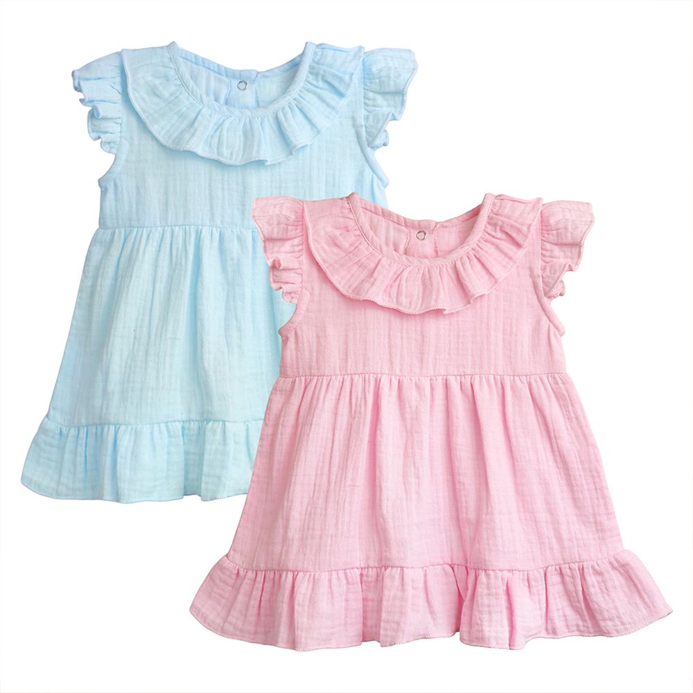 Luay - 2pc-Set - Linen Baby Frock With Frills - Pink/Blue