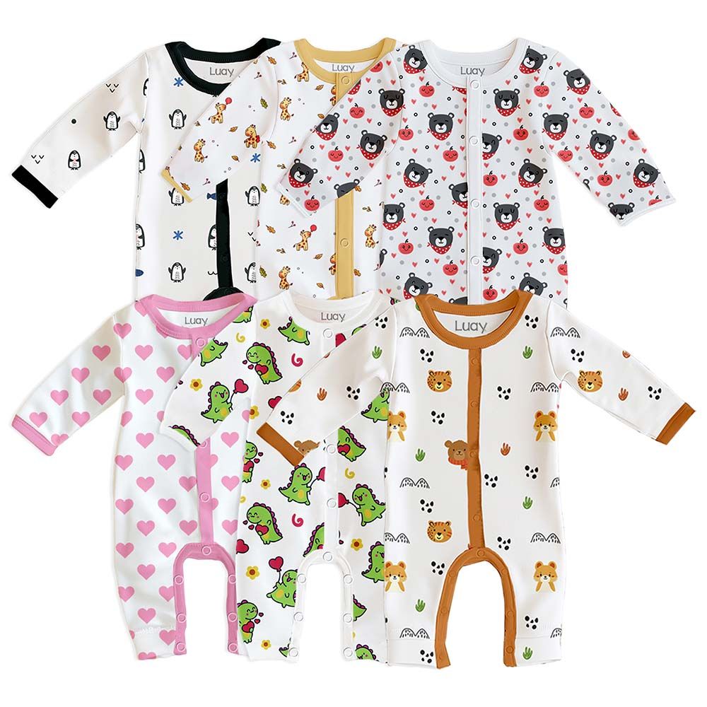 Luay - Printed Full Sleeves Romper Baby Sleepsuit - Pack Of 6 - Multicolor