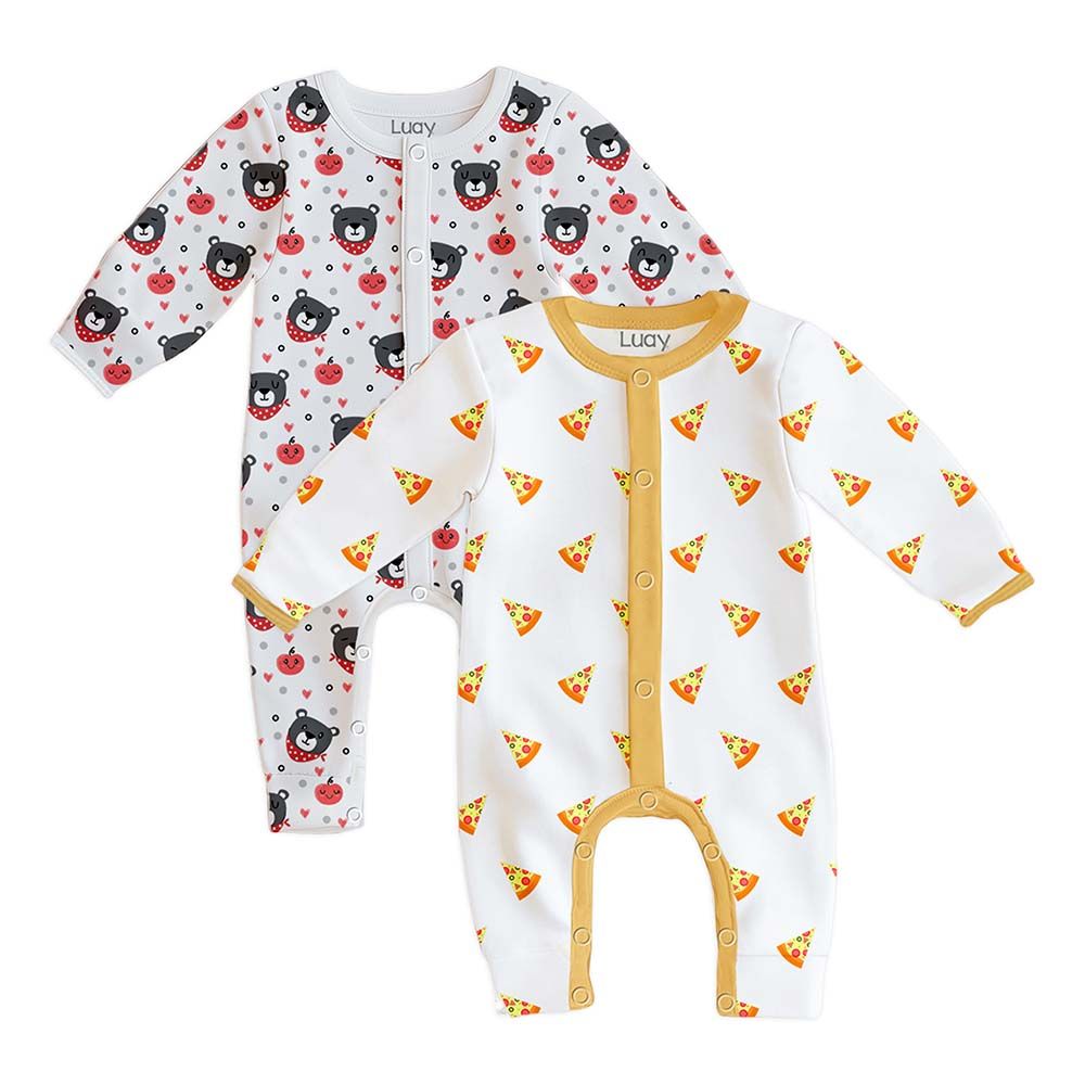 Luay - 2pc-Set - Bear & Pizza Printed Baby Romper - Multicolor