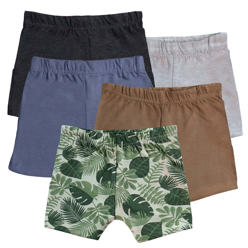 Luay - Cotton Blue, Brown, Black, Grey & Leave Pattern Shorts - 5pc-Set