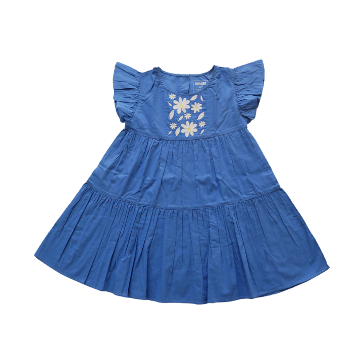 Ola Otter - Girl's Flutter Sleeve Embroidered Dress - Navy Blue