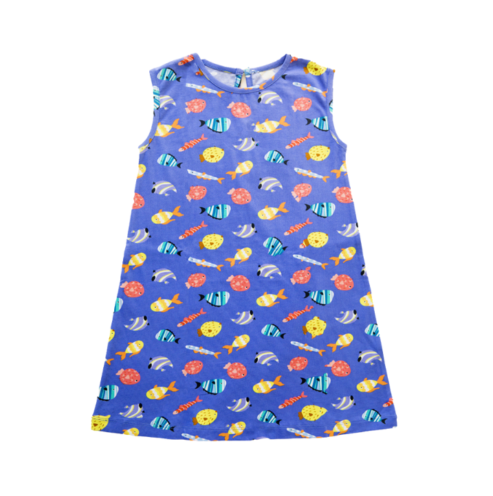 Ola Otter - Girl's A-line Dress - Fuzzy Fishes - Blue