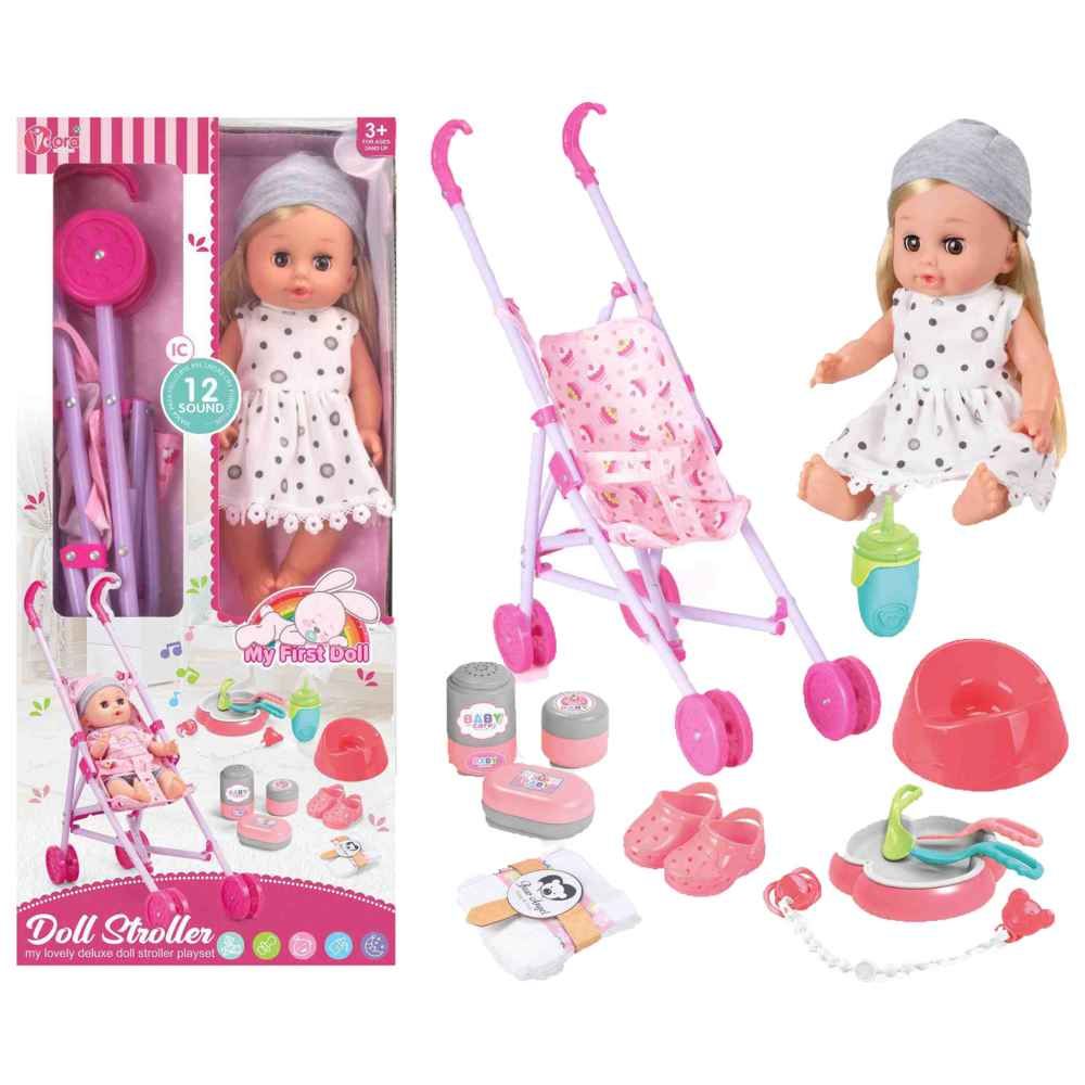 Vdora Dolls - Stroller Baby Doll Playset w/ Accessories - White - 13 Pcs
