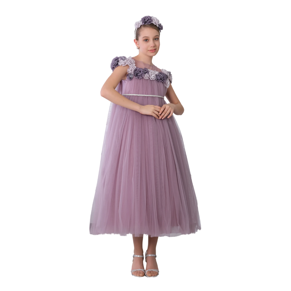 Via Bambino - Girl's Floral Embroidered Dress - Lilac