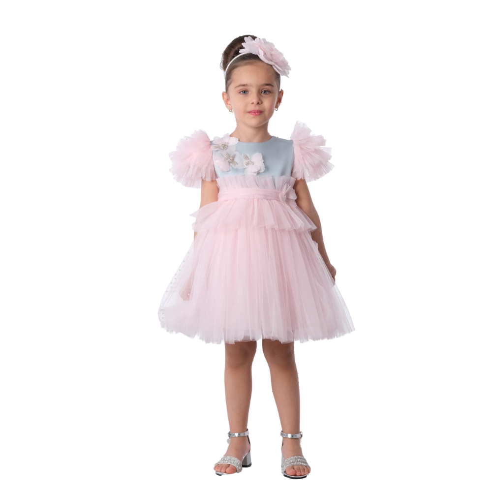 Via Bambino - Girl's Cap Sleeves Dress - Pink/Grey