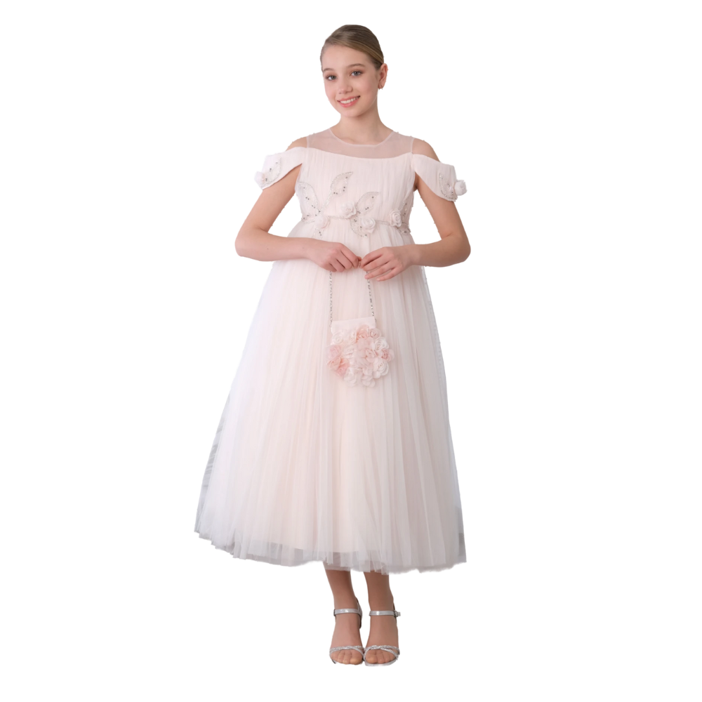 Via Bambino - Girl's Floral Detail Chiffon Dress - Salmon