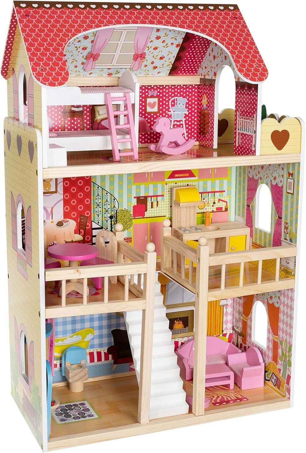 Little Angel - Kids Dollhouse Wooden Interactive With Furniture Toy Set