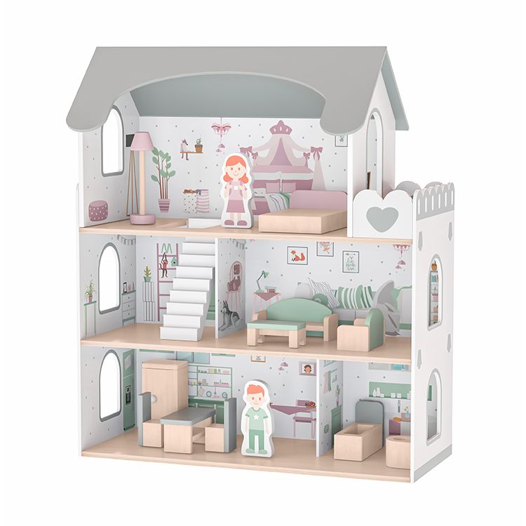 Little Angel - Kids Dollhouse Wooden Interactive Toy With Furniture Set