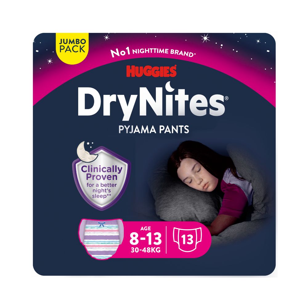 Huggies - DryNites Pyjama Pants, 8-15 years, Bed Wetting Diaper, Girl, 27-57 kg, Jumbo Pack, 13 Pants