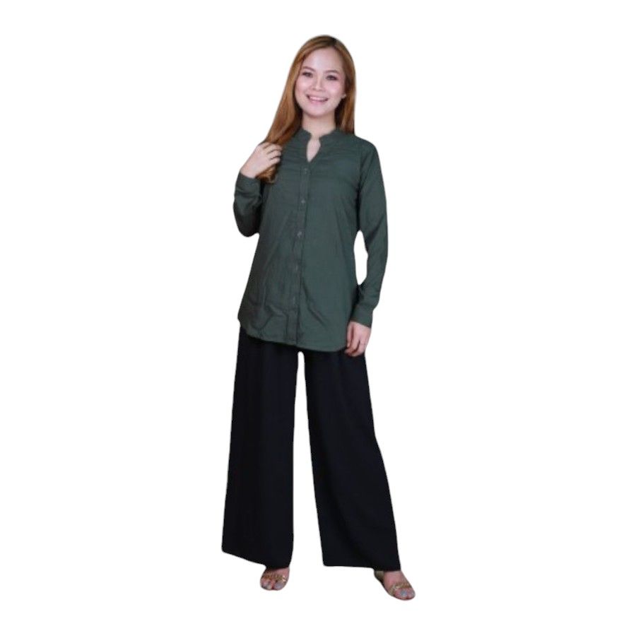 Veronica - Classic Full-Sleeve Plain Button-Down Shirt With Chinese Collar - Dark Green