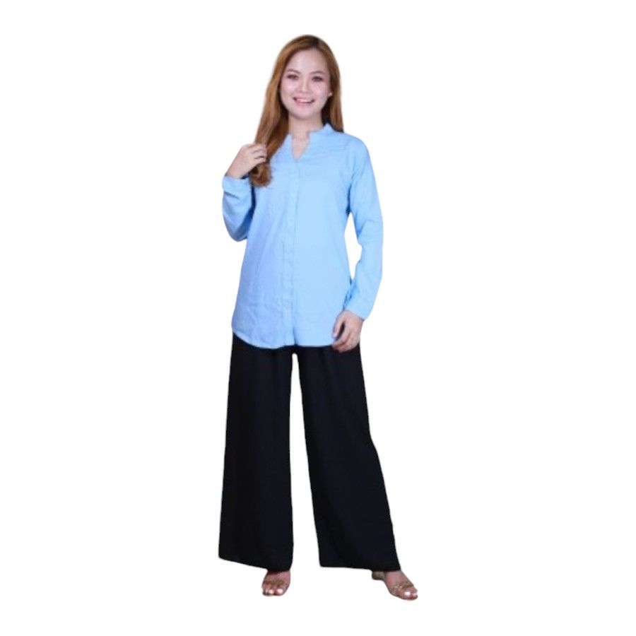 Veronica - Women's Chinese Collar Full-Sleeve Button-Down Shirt - Light Blue