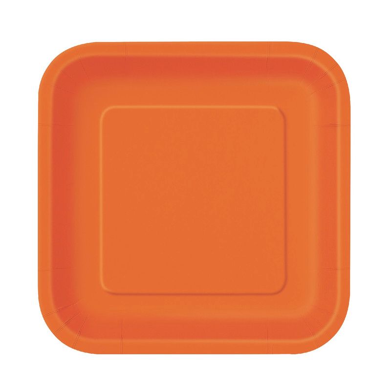 Unique - Square Party Plates - Pumpkin Orange - 14 Pcs - 7-Inch