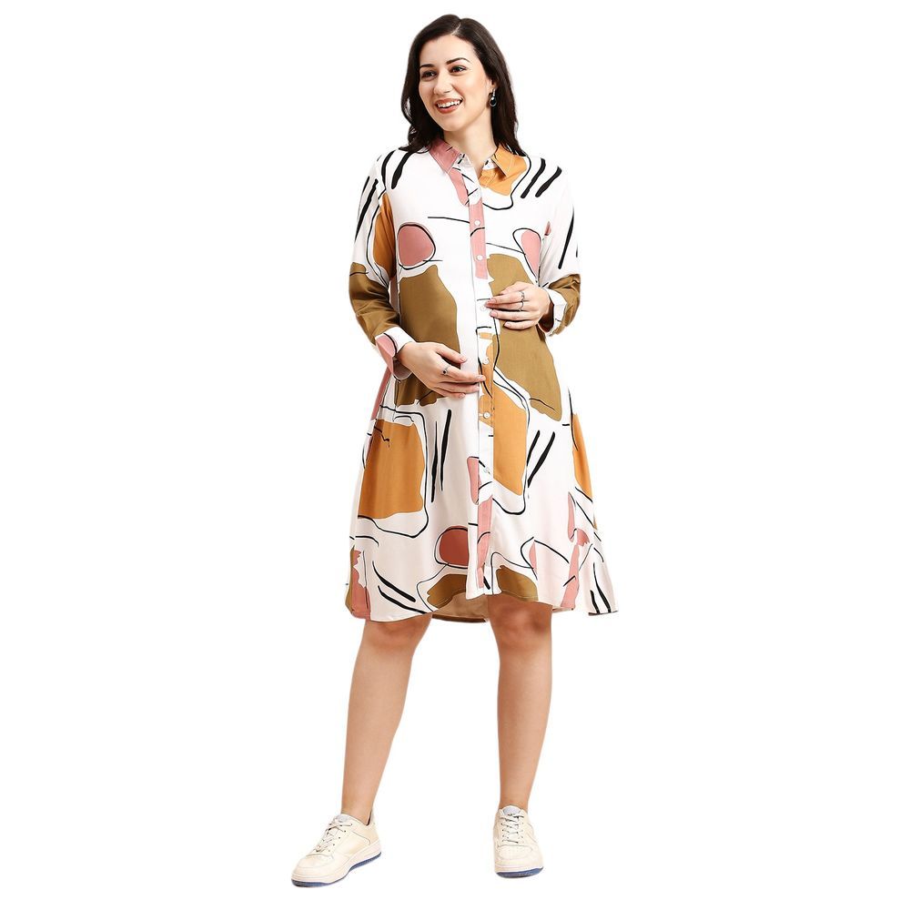 Mother's Nest - Abstract Print Maternity Dress - White Daisy
