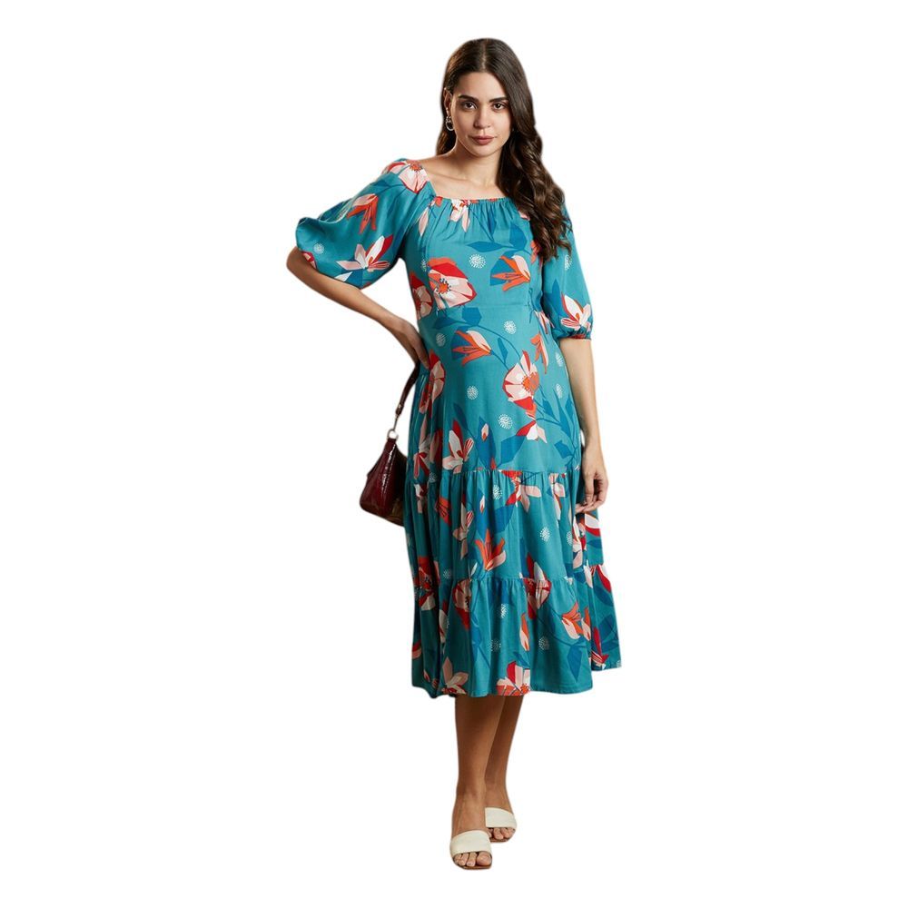 Mother's Nest - Floral Print Maternity A-Line Dress - Blue