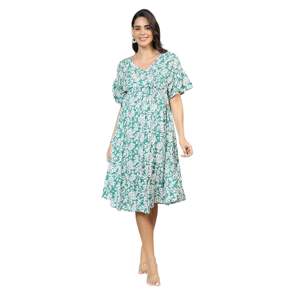 Mother's Nest - Women Floral Maternity Dress With V-Neck - Forest Green