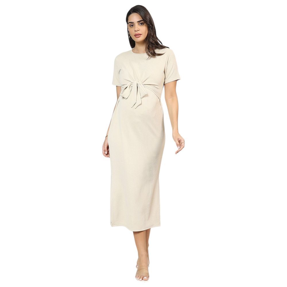 Mother's Nest - Slit Tie Maternity Dress - Cream