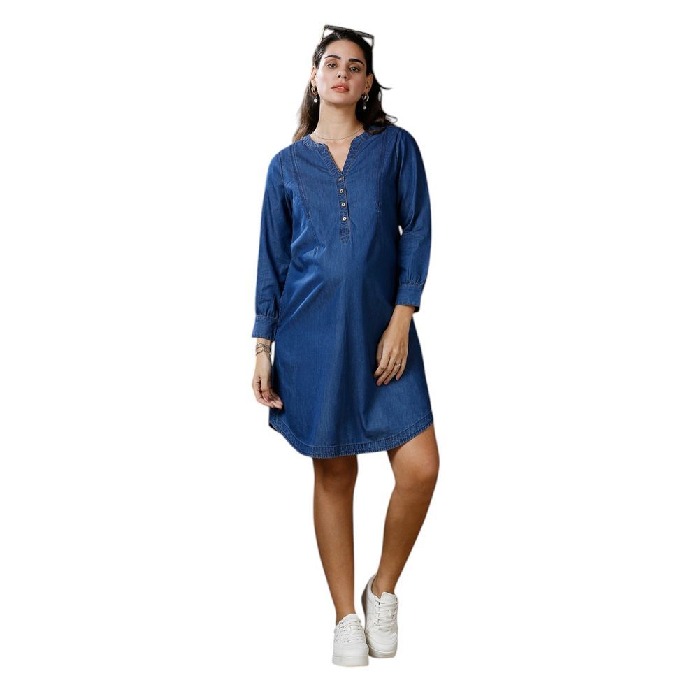Mother's Nest - Denim Maternity Plain Dress - Navy Blue