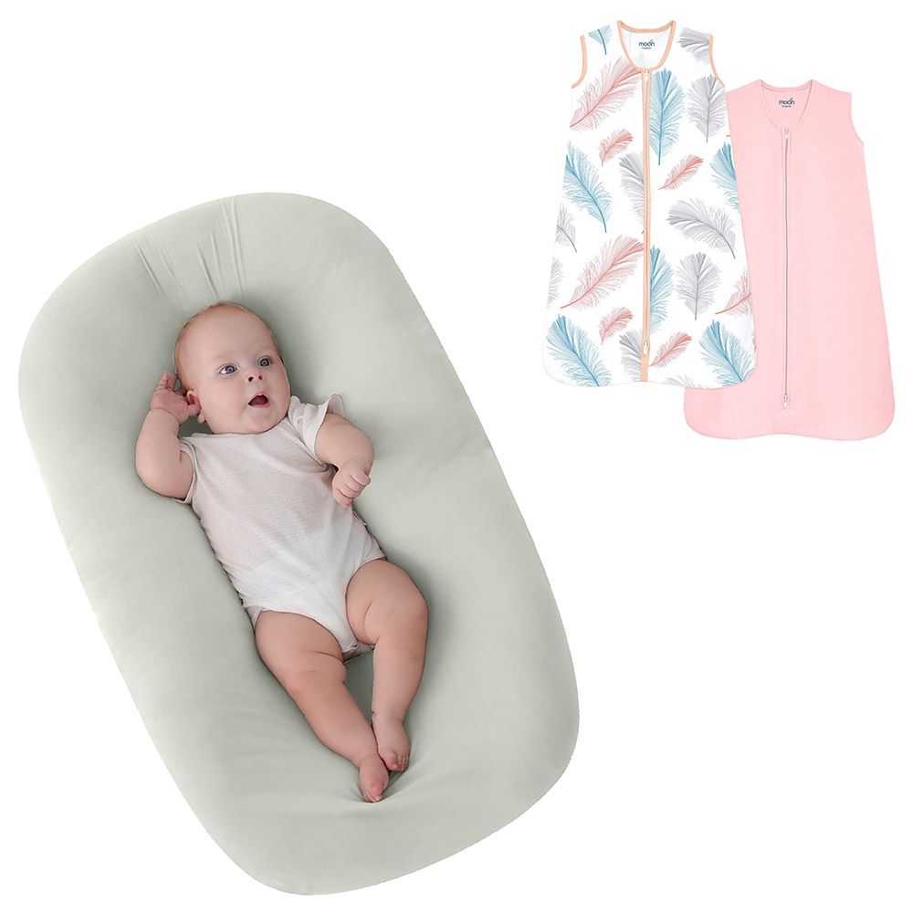 Moon - Baby Lounger - Green w/ 2pcs Organic Sleep Sack - S/M