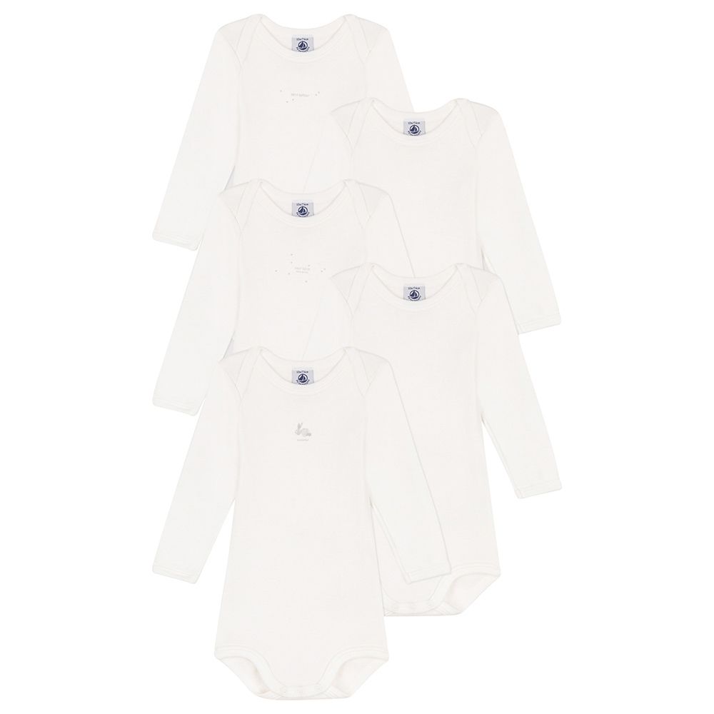Petit Bateau - 5pc-Set - Long Sleeves Rabbit Themed Bodysuits - White