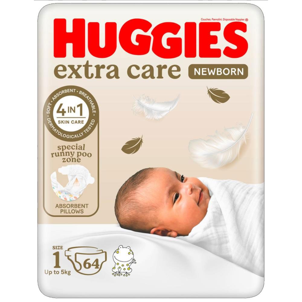 Huggies - Extra Care Newborn, Size 1, Up to 5 kg, Jumbo Pack, 64 Diapers