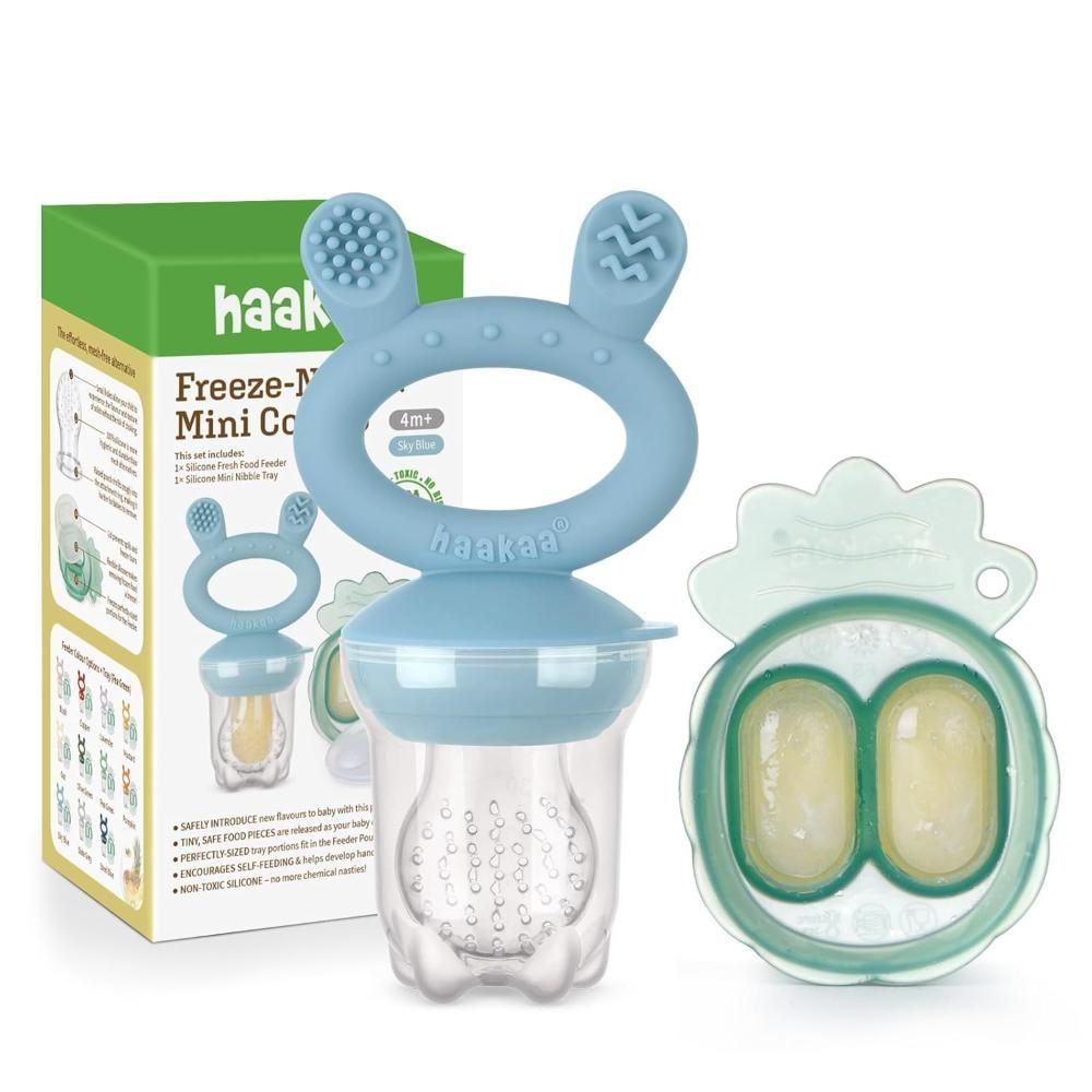 Haakaa - Freeze-N-Feed Fresh Food Feeder Teether And Nibble Tray Set - Sky Blue - 2pcs