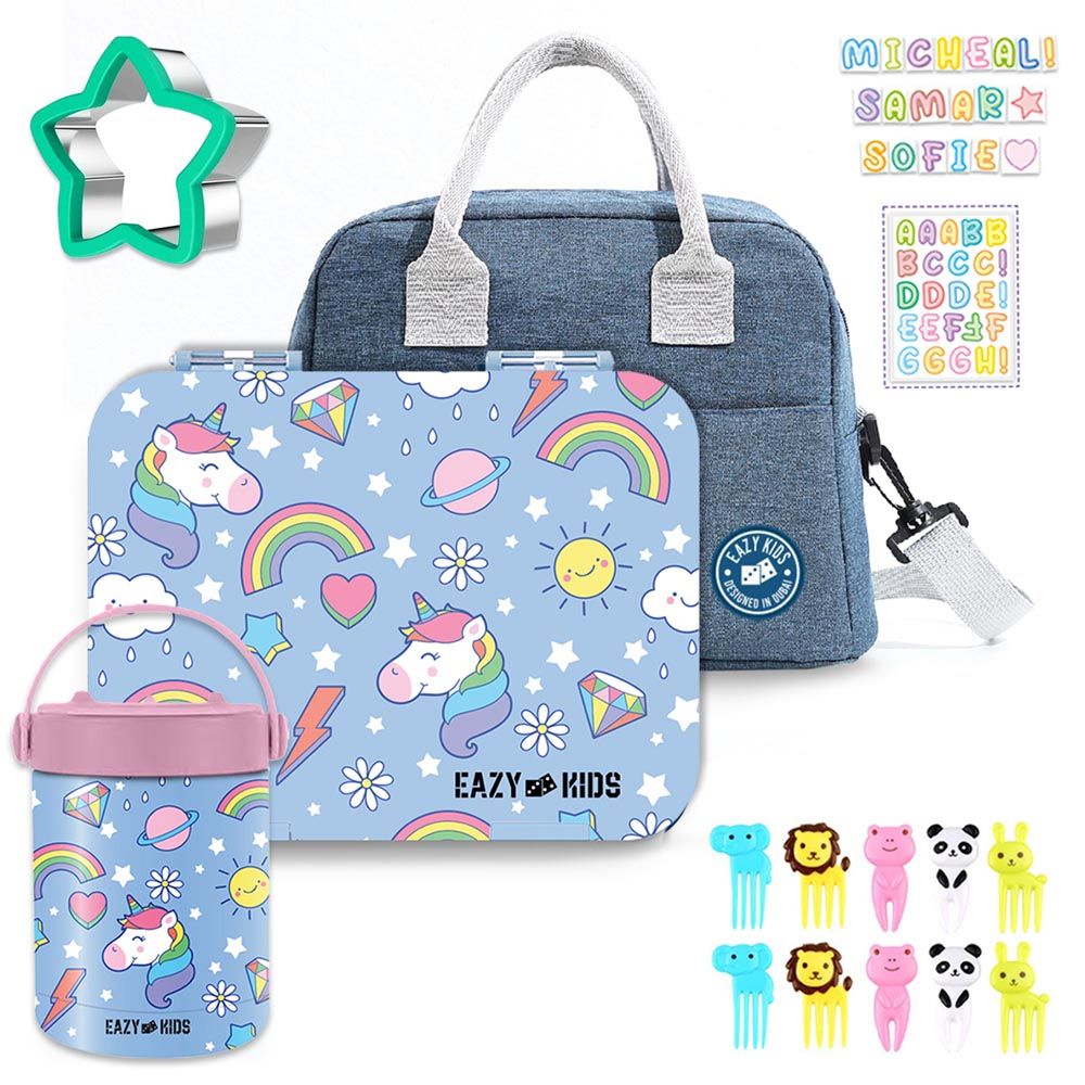 Eazy Kids - 4 Compartment Bento Box w/ Lunch Bag & Food Jar - Unicorn