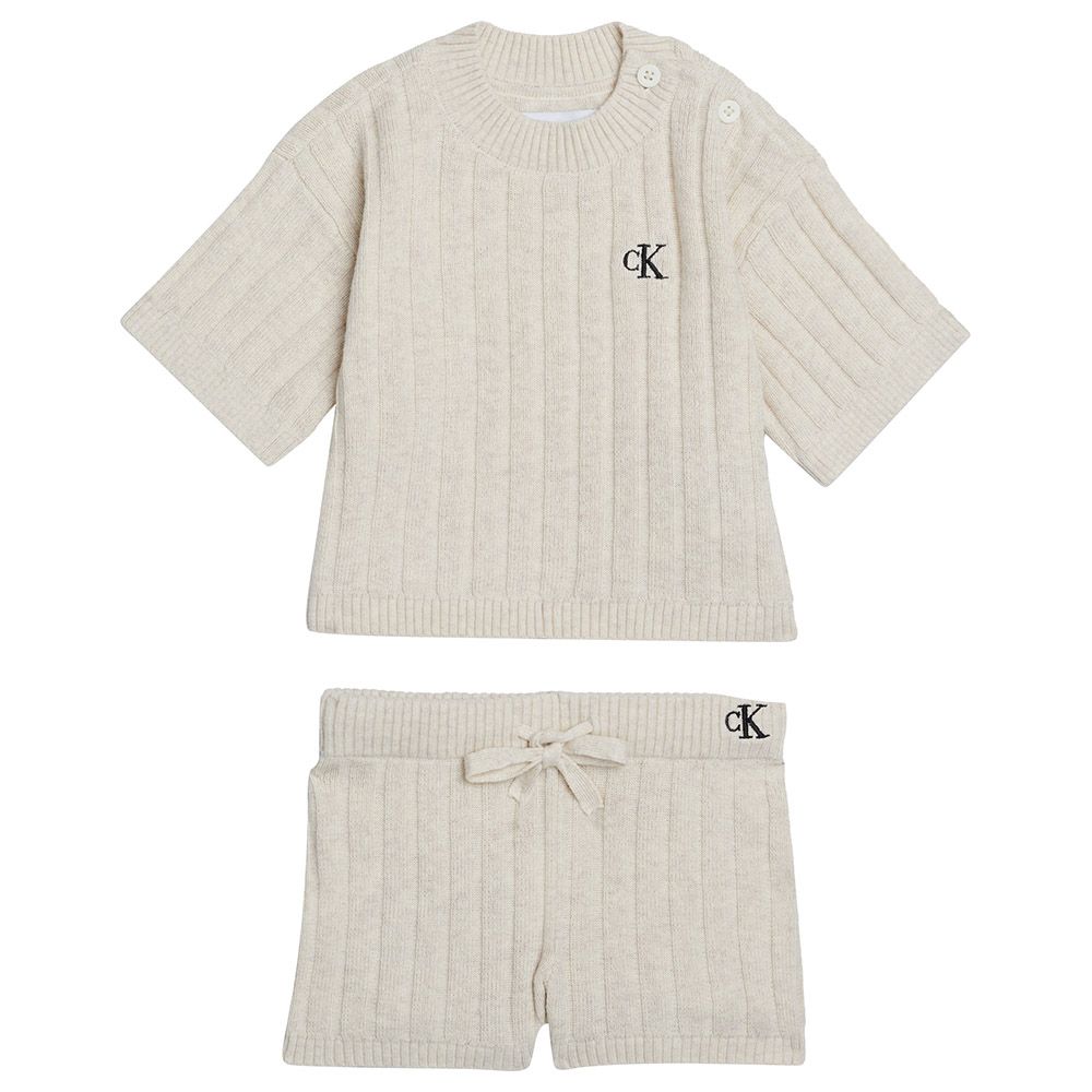Calvin Klein - 2pc-Set - Linen Blend Knit T-Shirt And Shorts - Beige