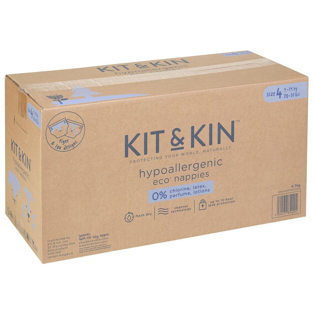 Kit & Kin - Eco Diapers Size 4 - Pack of 4 - 136 Diapers - 9-14kg