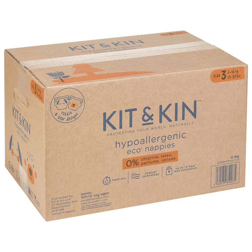 Kit & Kin - Eco Diapers Size 3 - Pack of 4 - up to 12hrs - 128 Diapers