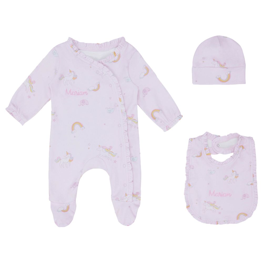 Little IA - 3pc-Set - Cotton Unicorn Sleepsuit, Beanie Cap And Bib - Pink