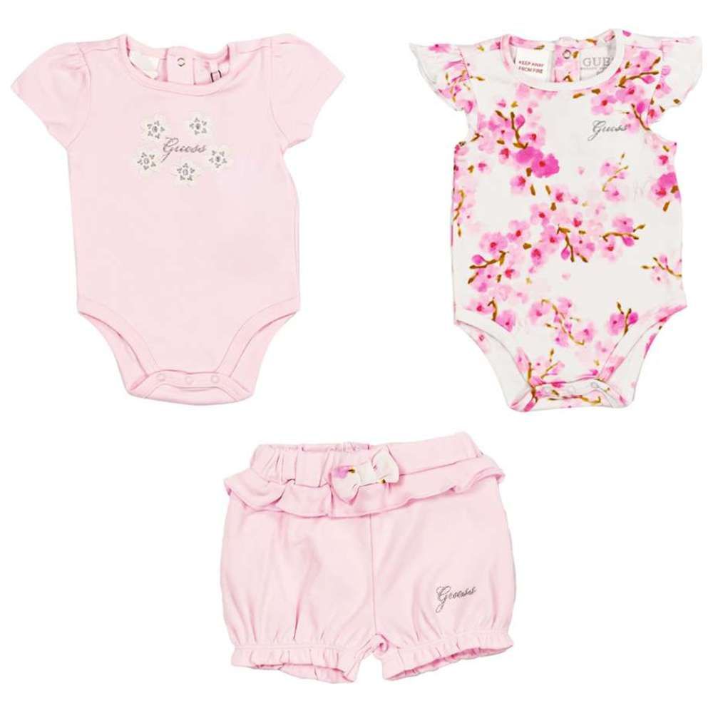 Guess - 3pc-Set - Short Sleeve Bodysuit With Shorts - Pink