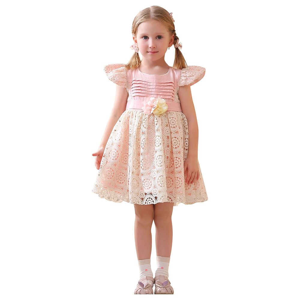 Smart Baby - Baby Girl Round Party Dress - Pink/Beige