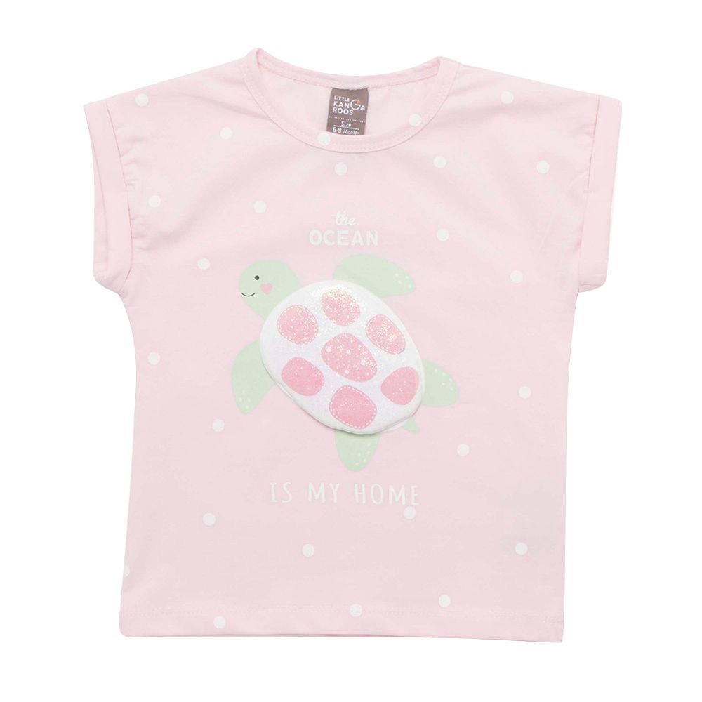 Little Kangaroos - Baby Girl Round Neck Turtle Print T-Shirt - Baby Pink