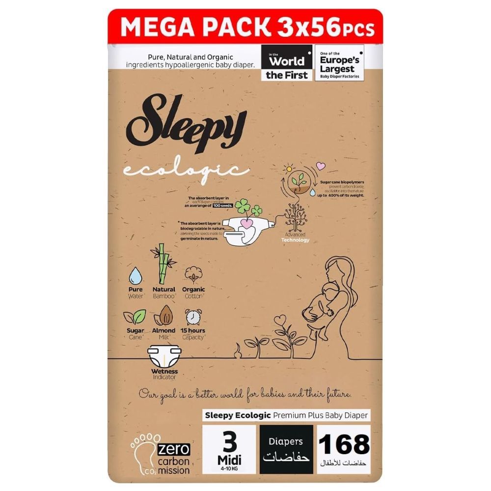 Sleepy - Ecologic Premium Taped Diapers - Size 3 - 4-10 Kg - 168 Count