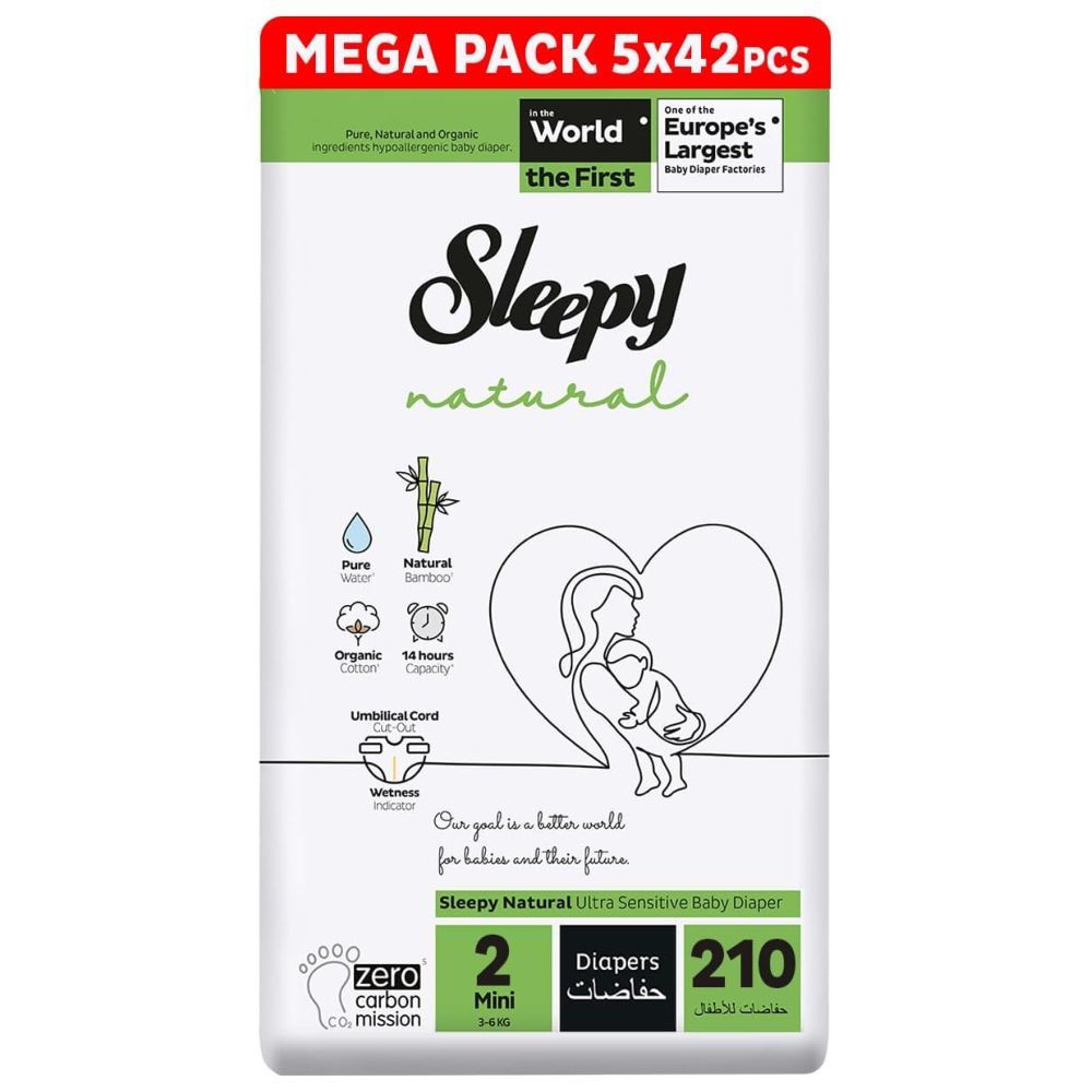 Sleepy - Natural Baby Dry Diapers - Size 2 - 3-6 Kg - 210 Count