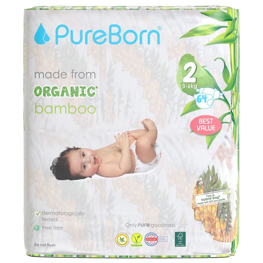 Pureborn - Value Pack Nappies 3-6kg Size 2 - 64pcs - Pineapple